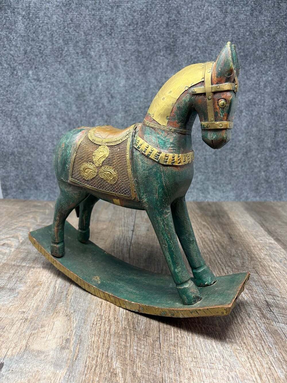 Hand Carved Wood Armored Horse Hammered Copper Brass Inlay Folk Wooden detailed